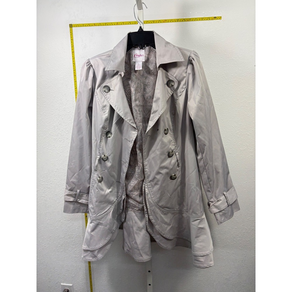 Candies Grey Double Breasted Ruffle Hem Trench Coat Jacket Womens Large 54394JCJ
